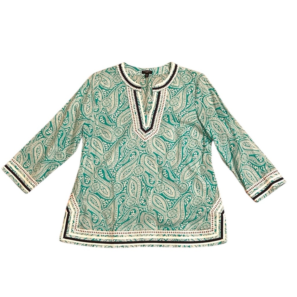 Talbots Green White Paisley Embroidered 100% Cotton Women’s Size Petite Medium